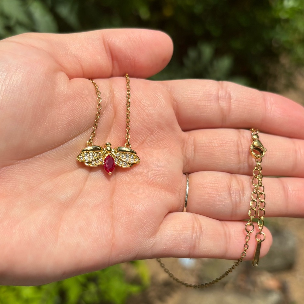 18K Gold Plated Stainless Steel Ruby Red Diamond Beetle Necklace